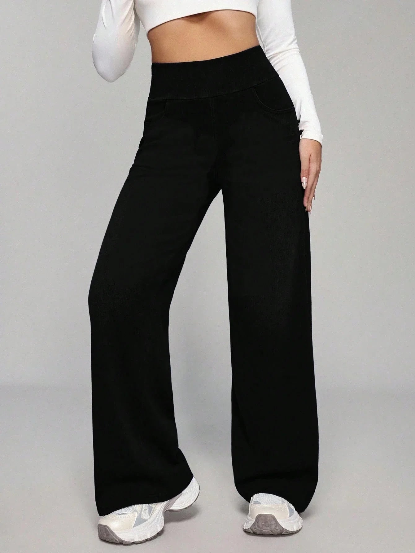 Women's Black High Waist Wide Leg Pants Tummy Control Compression Fit High Stretch Yoga Casual Daily Workout Trousers