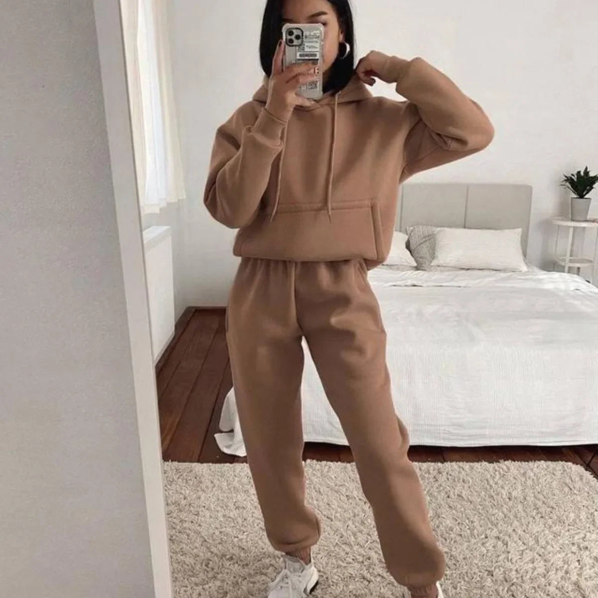 Women's Hooded Long Sleeved Pocket Sweatshirt Solid Color Sports Set Two-piece Set 2024 Autumn/winter
