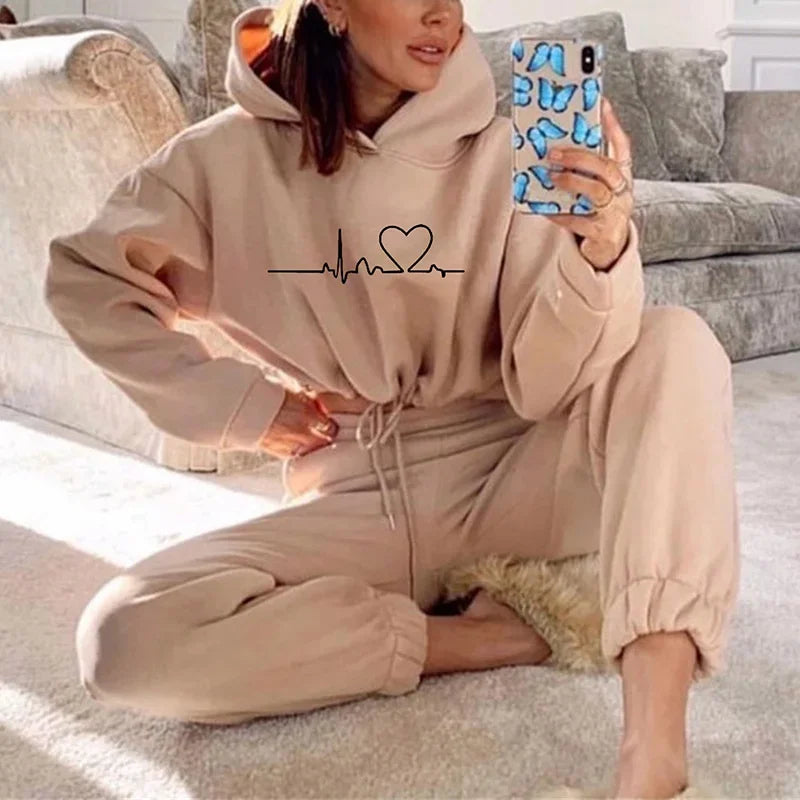 Women Hooded Tracksuit Sports 2 Pieces Set Sweatshirts Pullover Hoodies Pants Suit Home Sweatpants Trousers Outfits 2025