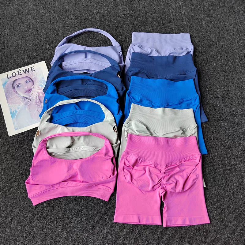 2 Pieces Yoga Suit for Women Seamless Fitness Gym Clothes Halter Sports Bra Matching Impact Shorts Workout Sets Gym Outfit - ATFH