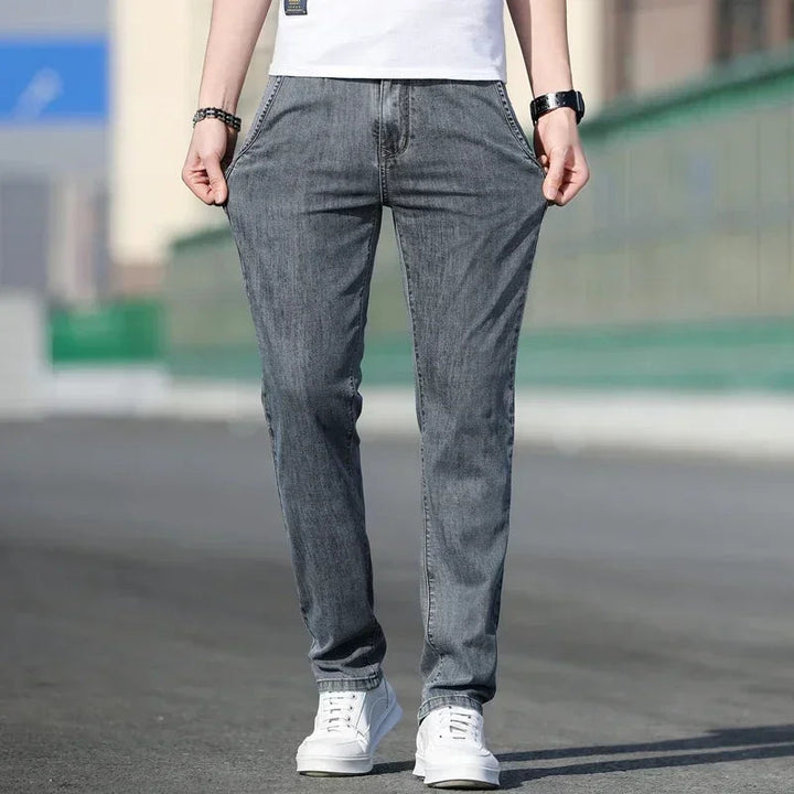 2025 Summer New Men's Loose Gray Jeans Fashion Casual Stretch Straight-leg Denim Pants Male Light Blue Men's Trousers ATFH