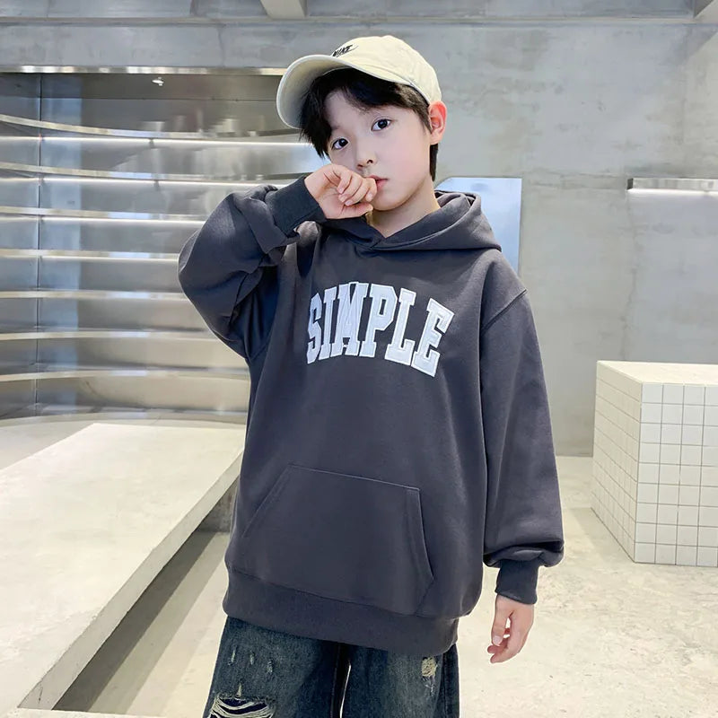 Children Retro Design Hoodie Letter Print Boy Casual Hooded Coat Streetwear Kids Teenager Autumn Harajuku Sweatshirt 7 To 16 Y - ATFH