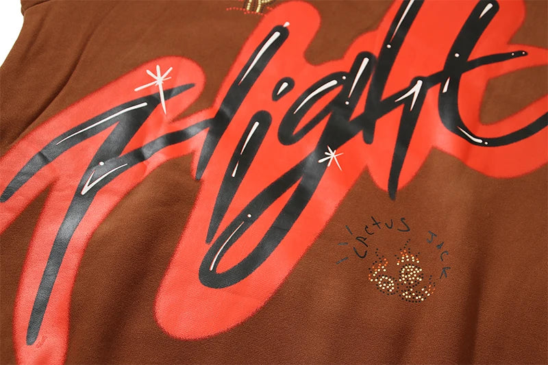 Cactus Jack Letter Brown Fleece Hooded Sweatshirts for Men High Street Baggy Casual Hoodies Unisex Oversized Pullover Hoody - ATFH