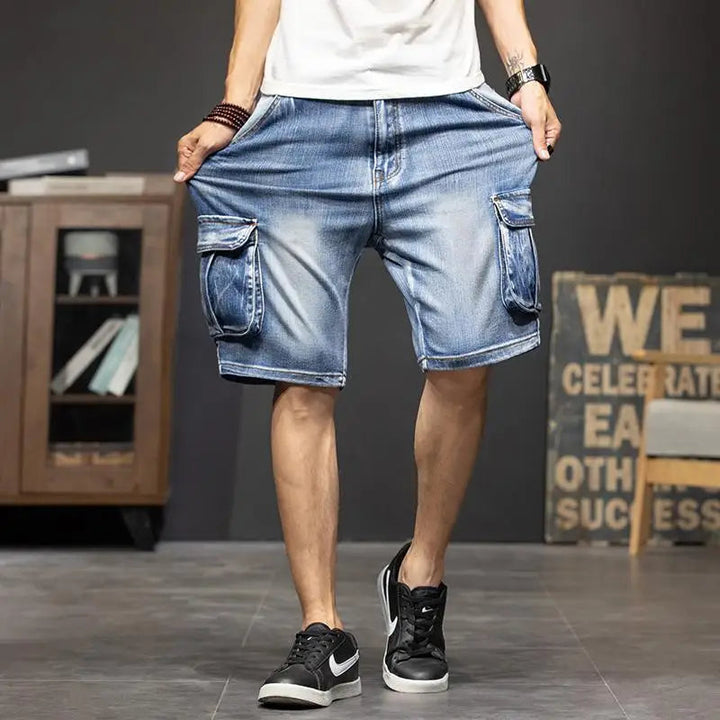 2026 Summer new elastic American retro multi -pocket tools for denim shorts, men's pants pants loose, large size three -color ATFH