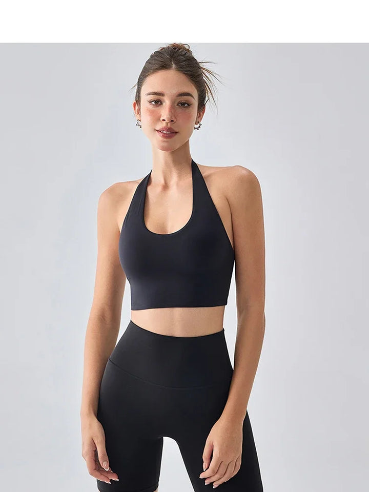 Women's Sexy Backless Padded Sports Bra Fixed chest pad Halter Neck Comfort Bare Navel Top Running Fitness Outdoor Sports Vest - ATFH