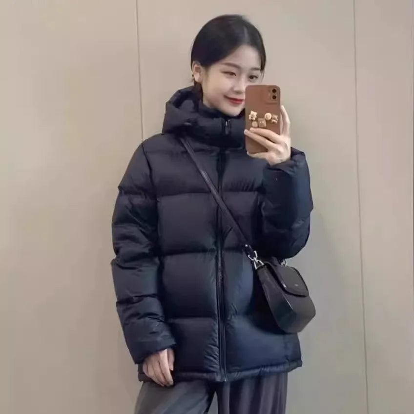 Winter Thick Warm Down Jackets Hooded Stand Up Collar Zipper Long Sleeve Unisex Black Coats Casual Loose Cotton-padded Clothes