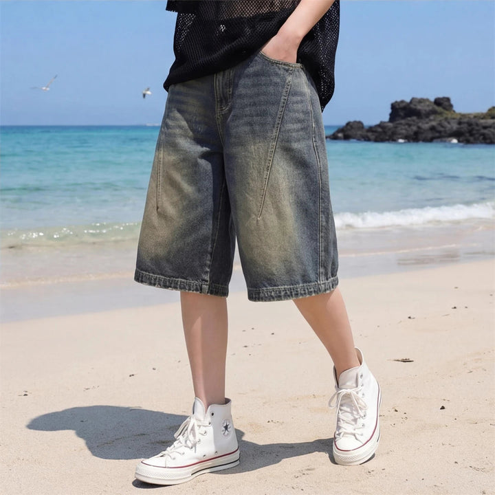 High Street Vintage Gradient Denim Shorts Loose Wide Leg Summer Casual Fashionable Versatile Must Have Shorts for Trendsetters ATFH