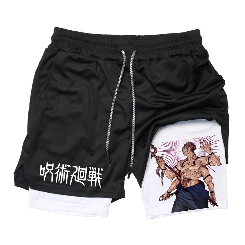 Anime Graphic 2 in 1 Compression Shorts for Men GymQuick Dry Activewear Workout Running with Phone Pockets Athletic