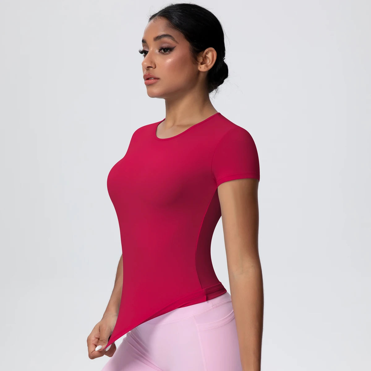 Woman Solid Color Workout Top T-Shirt Quick Drying Breathable Short Sleeve Gym Sports Running Slim Casual Yoga Top Clothing - ATFH
