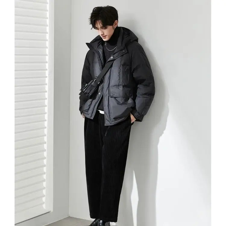 Solid Color Down Jackets Men's Short Style 2025 Winter New Loose Hooded Coats Male Lightweight White Duck Down Overcoats W765