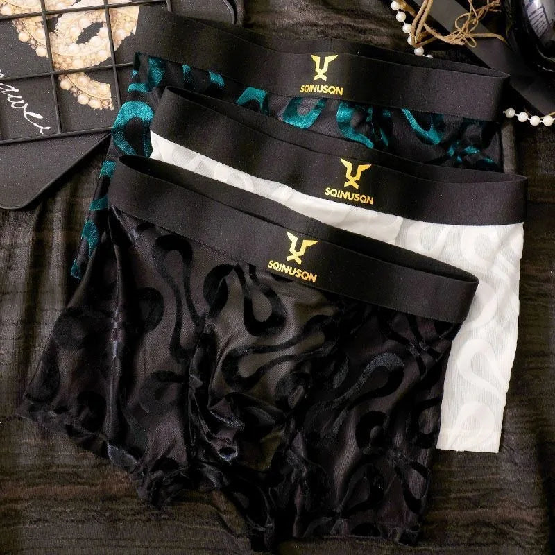 Luxury Men's Sheer Mesh Boxer Briefs Sexy Velvet Flocked Print Underwear Wide Elastic Waistband Breathable 3D Contour Pouch No R