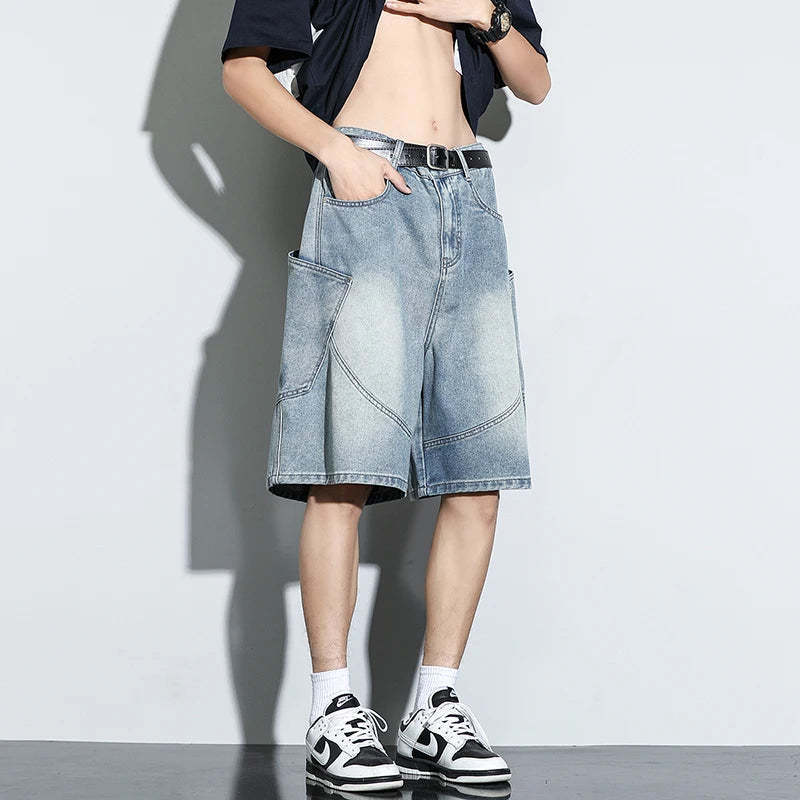 Summer New Baggy Denim Shorts Fashion Casual Straight Harajuku Jeans Male Vintage Wash Drawstring Short Pants Streetwear ATFH