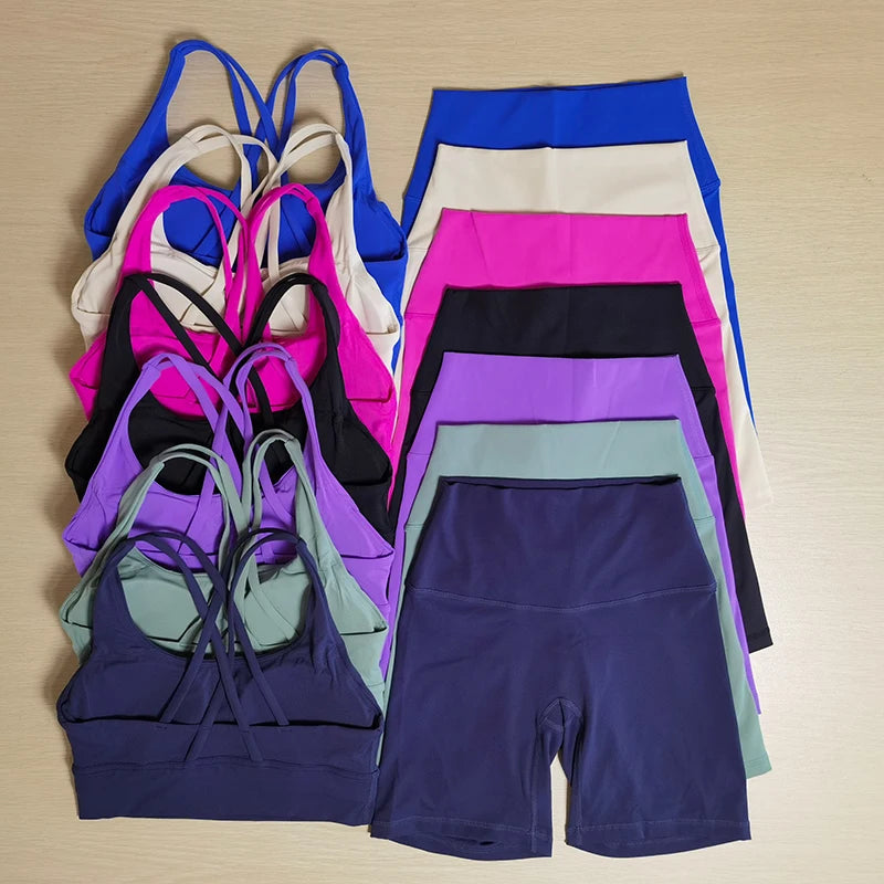 2 Pieces Yoga Set Gym Sports Shorts Set Women Cross Back Bra Top High Waist Shorts Fitness Suit Running Workout Tracksuit - ATFH