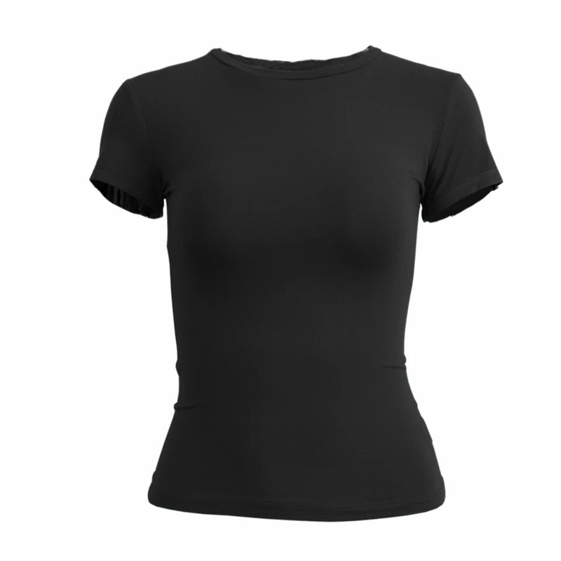 Woman Clothing Short Sleeve T-shirt Slim Fit Tops Female O-Neck Knitted Sheath Tee Shirt Street Wear Sex Sporty 2024 Y2K New2410 - ATFH