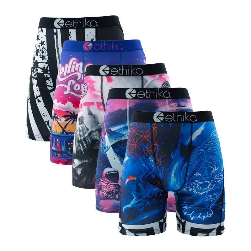 ETHIKA 5Pcs Sexy Men Underwear Breathable Mesh Crotch Mens Underpants Boxers Plus Size Printed Man Panties Men's Boxers Briefs