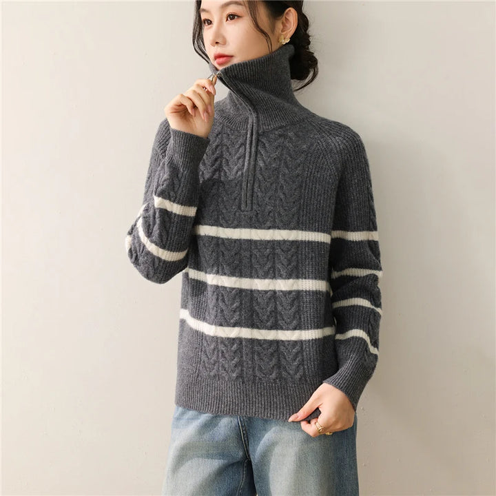 2025 New Women's Heavyweight Zipper High-Neck Sweater 100% Merino Wool Striped Pullover Long Sleeve Loose-Fit Warm Smart - ATFH