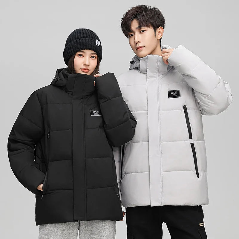 Couples Winter Outdoor Hiking Windproof Warm Fashion Trend Casual Hooded Jacket Solid Color White Duck Down Down Jacket