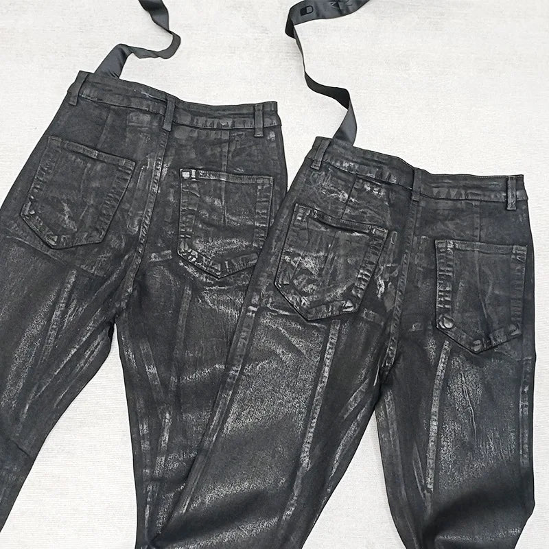RO Style Wax Pants Men's Handmade Brushed Wax Pentagram Wax Surface Coating Horn High Elasticity Jeans Pant Dark ATFH