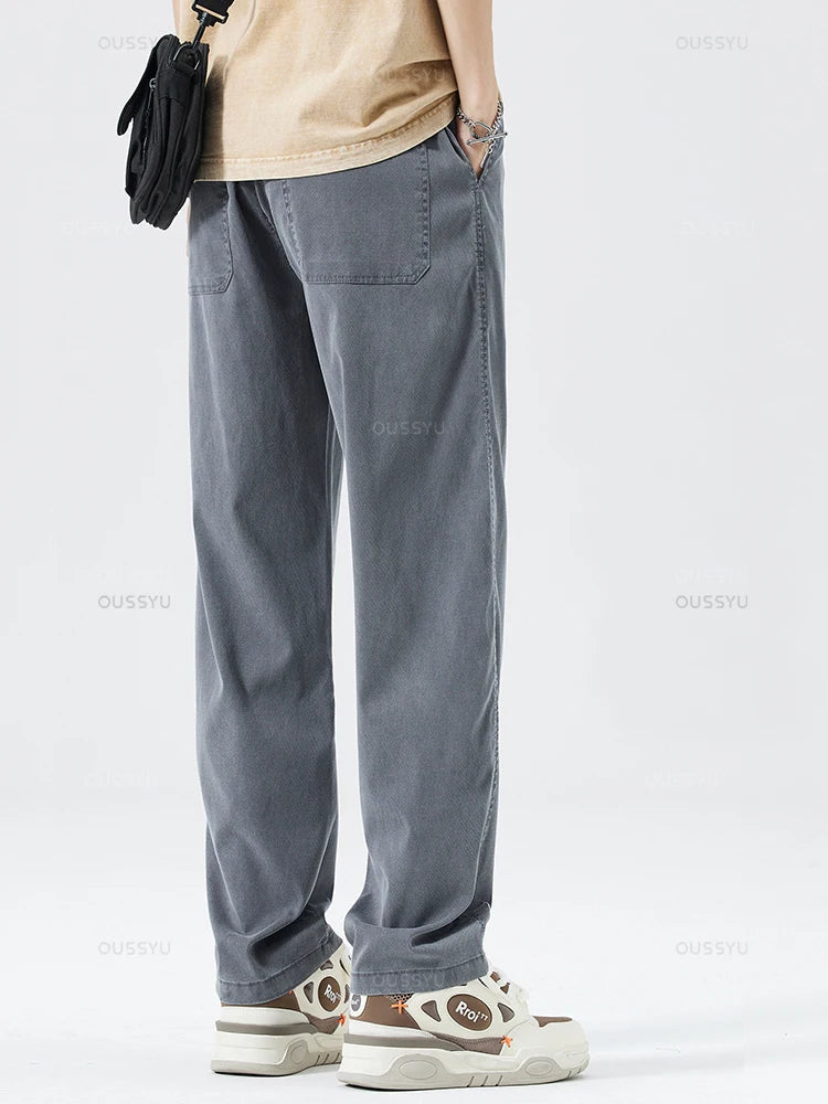 Summer Ultrathin Soft Lyocell Fabric Men's Jeans Breathe Loose Straight Pants Elastic Waist Korea Casual Trouser Plus Size M-5XL ATFH