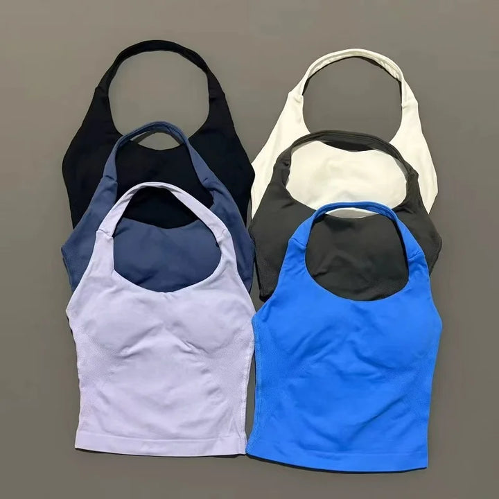 Sports Gym Halter Top Woman Seamless Yoga Tank Removable Chest Pad Push-up Sports Vest Fitness Workout Running Tops - ATFH