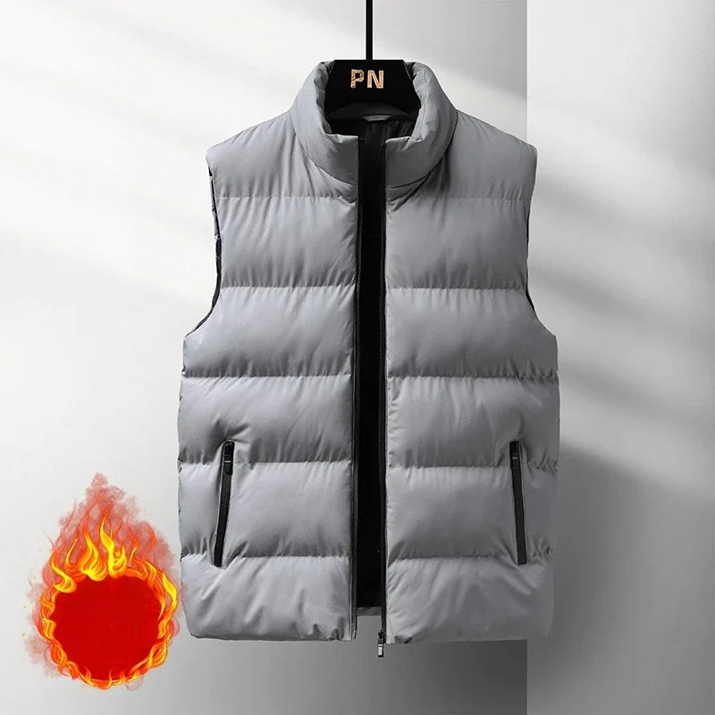 New Men's Gray Vest Warm Sleeveless Jackets Winter Windproof Zipper Coat Autumn Stand-up Collar Casual Waistcoat Brand Clothing ATFH