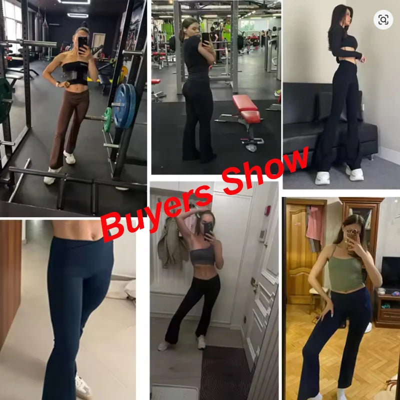 Sexy Flared Leggings Women's Running Pants Scrunch Butt Trousers Cross Waist Sports Tights Woman Wide Leg Fitness Workout Legins ATFH