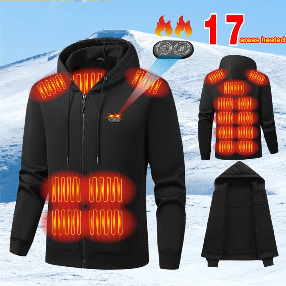 USB Heating Hoodie Jacket Men Zipper Hoodie Autumn Winter Warm 17 Zones Electric Heated Hoodies Jackets Male - ATFH