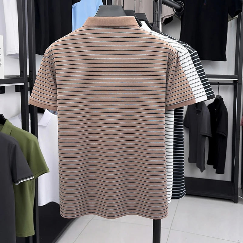 2026Summer Men's Striped Short-sleeved Lapel Zipper Polo Shirt Casual Trend Breathable Light Luxury Half-sleeved Bottoming Shirt