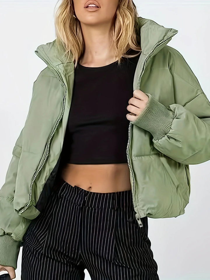 Thickened Oversized Cropped Puffer Jacket, Army Green Zip-Up Style, Women's Warm Top for Fall & Winter Commute & Streetwear