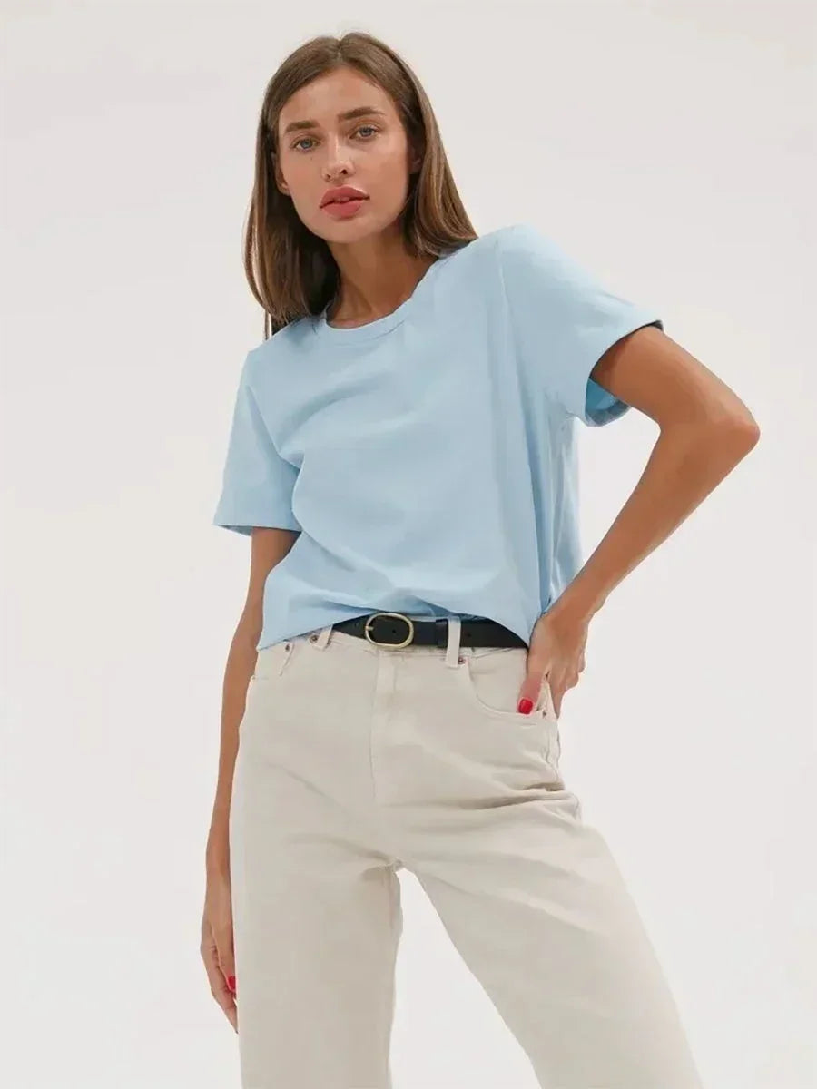 Bornladies Summer 100% Cotton Women's T-shirt Bottoming Basic Fashionable Solid Lady Short Sleeve Loose Tops Shirts 230g/㎡ Tops - ATFH