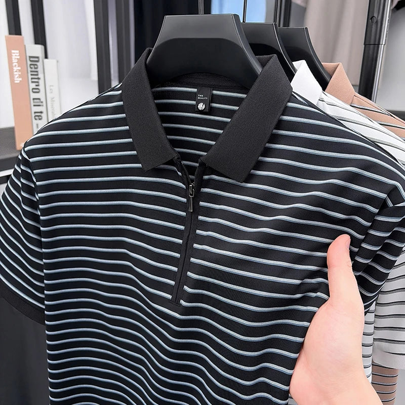 2026Summer Men's Striped Short-sleeved Lapel Zipper Polo Shirt Casual Trend Breathable Light Luxury Half-sleeved Bottoming Shirt