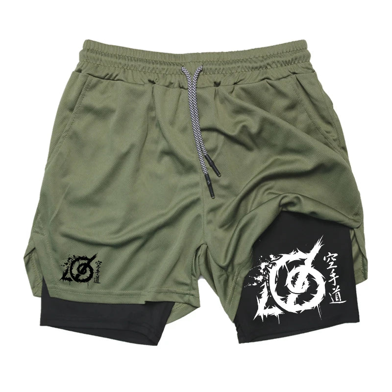 Karate Graphic 2 in 1 Workout Running Shorts for Men Gym Athletic Sport with Compression Liner Phone Pocket Towel Loop
