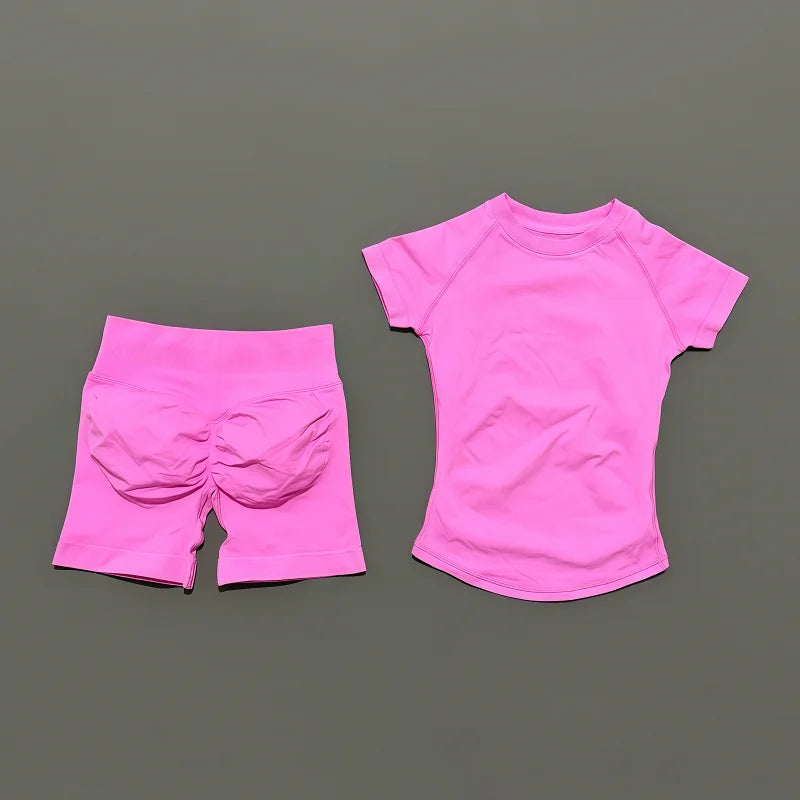 2 Pieces HISTELLO Sports Sets Short Sleeve Seamless Yoga Top Fitness Set Women Workout Running Sports Shorts Gym Suit - ATFH