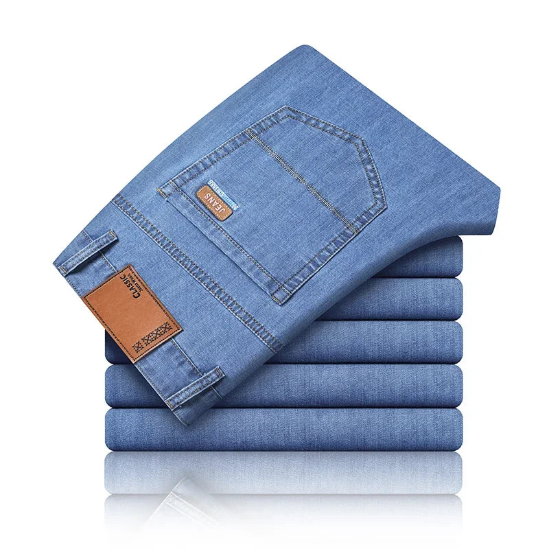 New Ice Silk Thin Denim Jeans For Men Blue Straight Stretch Cotton Pants Business Casual Lightweight Trousers Spring Summer ATFH