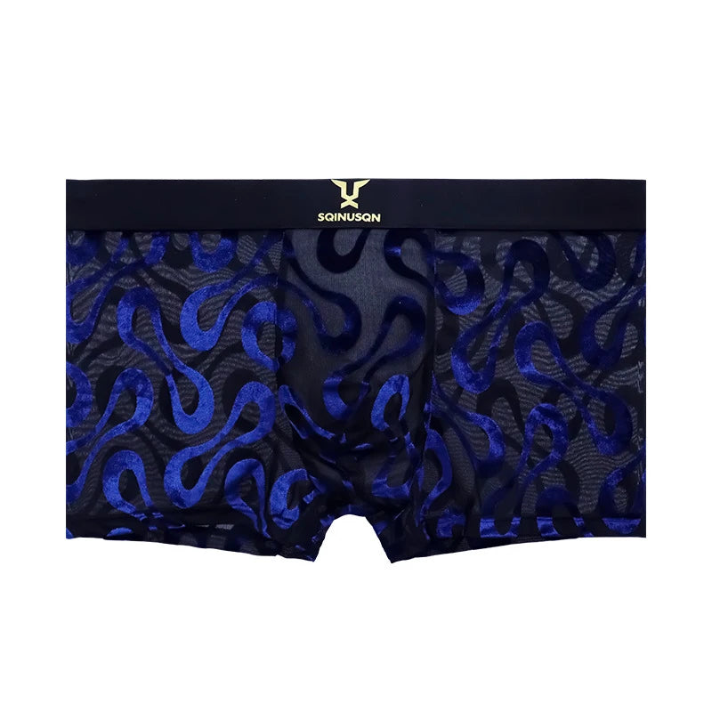 Luxury Men's Sheer Mesh Boxer Briefs Sexy Velvet Flocked Print Underwear Wide Elastic Waistband Breathable 3D Contour Pouch No R