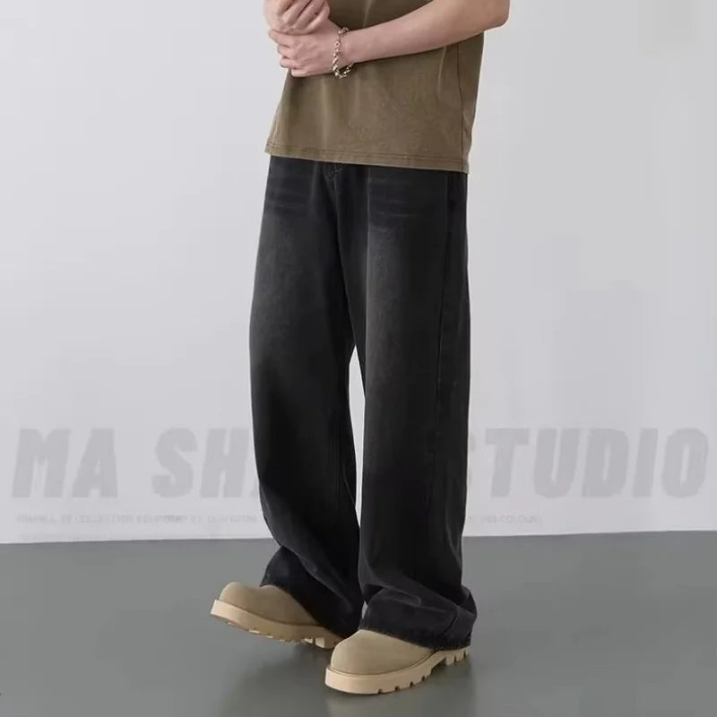 Spring Autumn Men's New Denim Pants Old Blue Washed Casual Jeans Menwear Loose New Fashion contrasting color Wide Leg Trousers ATFH