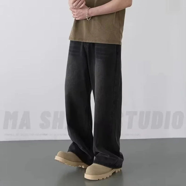 Spring Autumn Men's New Denim Pants Old Blue Washed Casual Jeans Menwear Loose New Fashion contrasting color Wide Leg Trousers ATFH