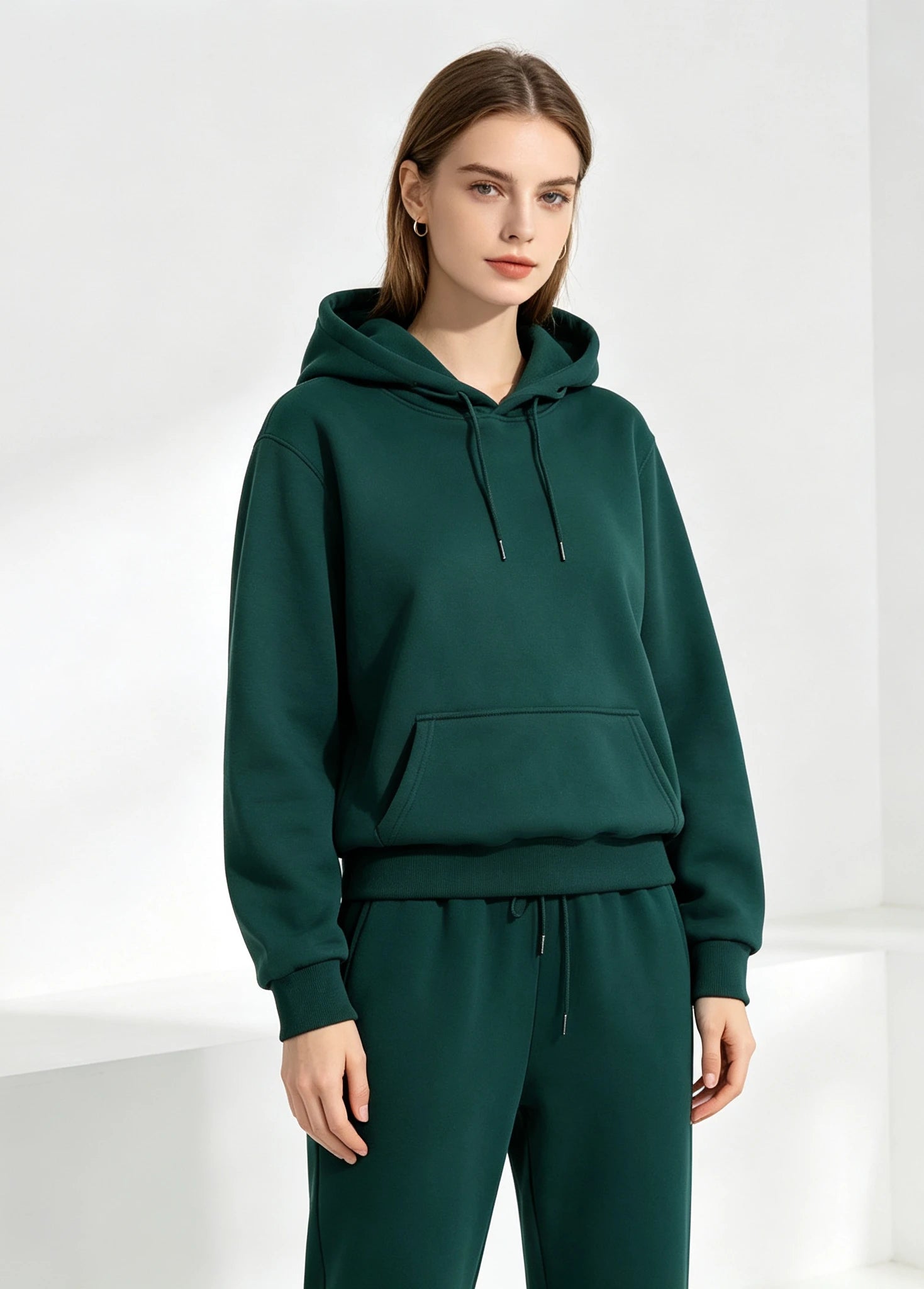 Autumn and Winter Casual Daily Women's Two-Piece Sports Suit Solid Color Hooded Sweat Loose Drawstring Pants Home Clothes