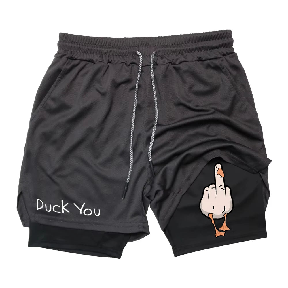 Cartoon Duck Print Men's Shorts Summer Double Layer Letter Print  Quick Drying Pants Fitness Tracksuit Beach Short Pants RL0358