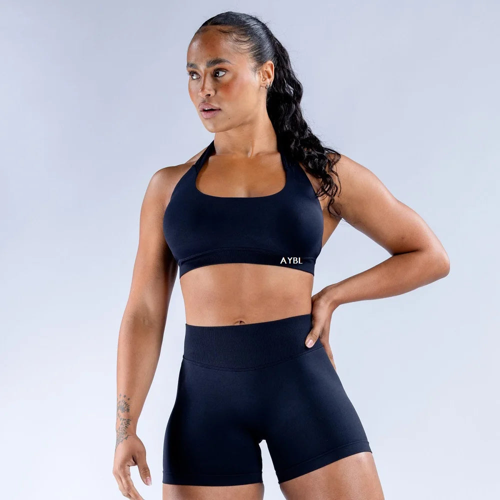 Impact Sports Bra Women Seamless Yoga Underwear Halter Neck Strap Open Back Design Gym Top Workout Fitness Running Bra - ATFH