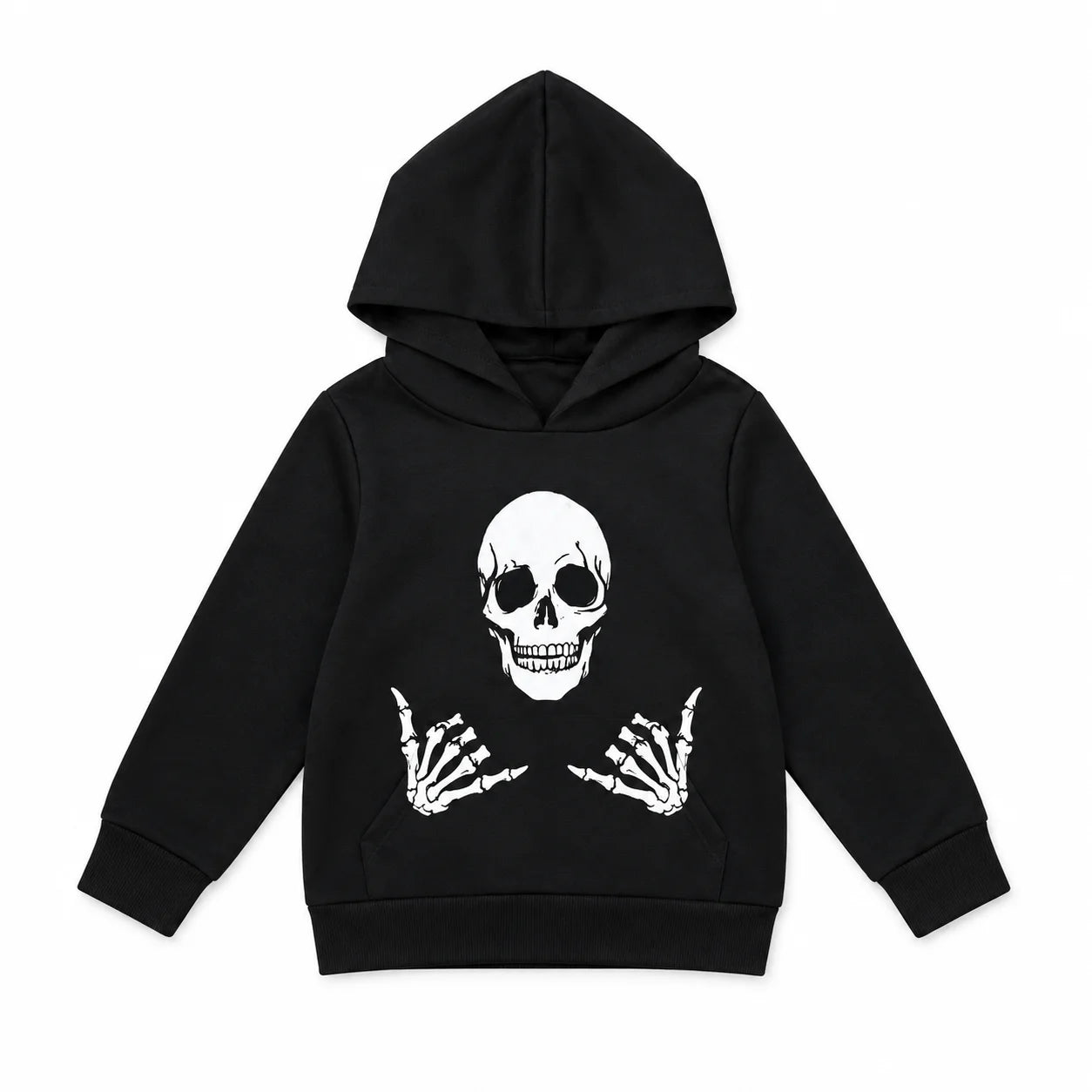 Kids Halloween Skeleton Hoodie Black Fleece Pullover Sweatshirt, Skull Graphic Hooded Top for Boys Girls, Fall Winter Casual Cos