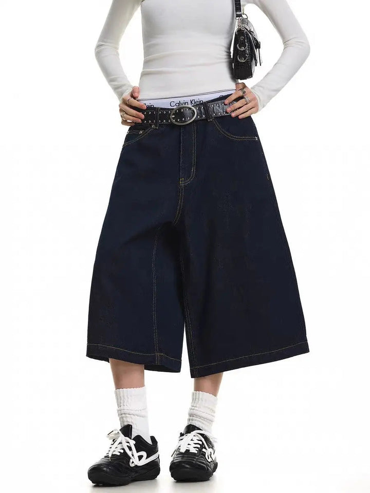 Summer Women's Multi-pocket Design Vintage Denim Shorts Y2k Cool Girl Wide Leg Pants Female Fashion Calf-length Trousers ATFH