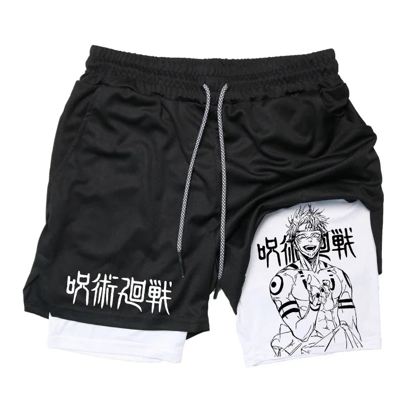 Anime Graphic 2 in 1 Compression Shorts for Men GymQuick Dry Activewear Workout Running with Phone Pockets Athletic
