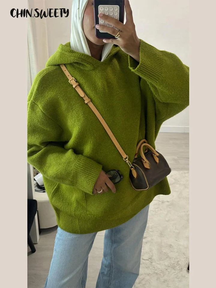 Casual Knitted Women's Sweater Hooded Solid Loose Big Pocket Thicken Lady Sweaters 2026 Spring Fashion Female Street Outwear - ATFH