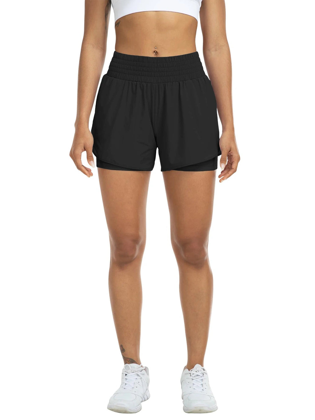 Women's high-waisted athletic shorts for running, yoga, layered design, anti-exposure, fitness, and workout with pockets Tahsi Fashion House