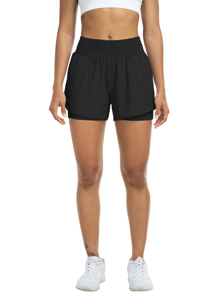 Women's high-waisted athletic shorts for running, yoga, layered design, anti-exposure, fitness, and workout with pockets Tahsi Fashion House
