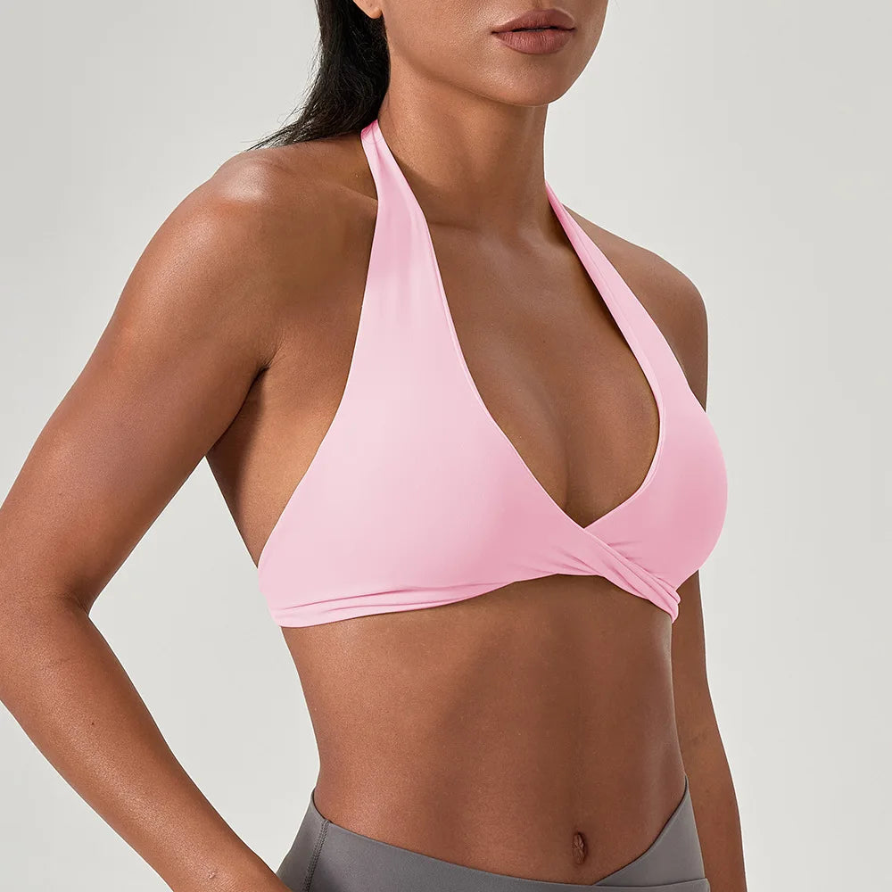 Strappy Bra for Women Open Back Halter Sports Bra Light Support Gym Crop Top Seamless Workout Yoga Top Bra Padded Bras - ATFH