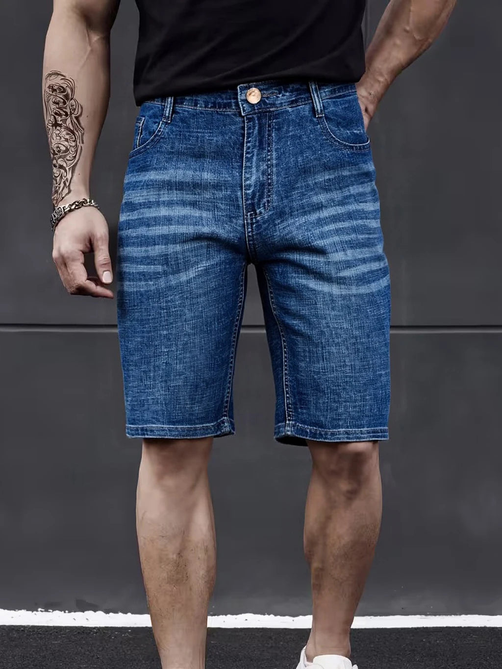 Wthinlee New Business Men's Jeans Casual Straight Stretch Fashion Classic Blue Black Men's Summer Denim Shorts Knee-Length ATFH