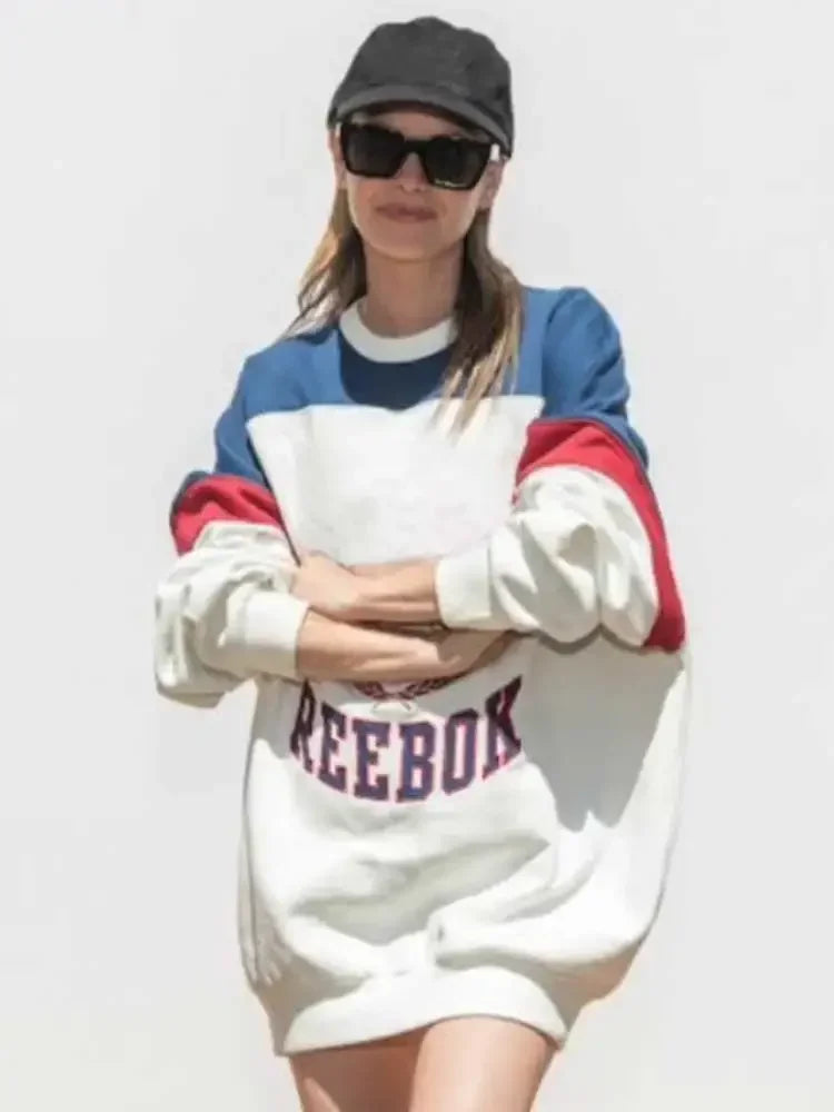 embroidery color blocked women Sweatshirt long sleeve round neck over-sized sweatshirt female autumn winter - ATFH
