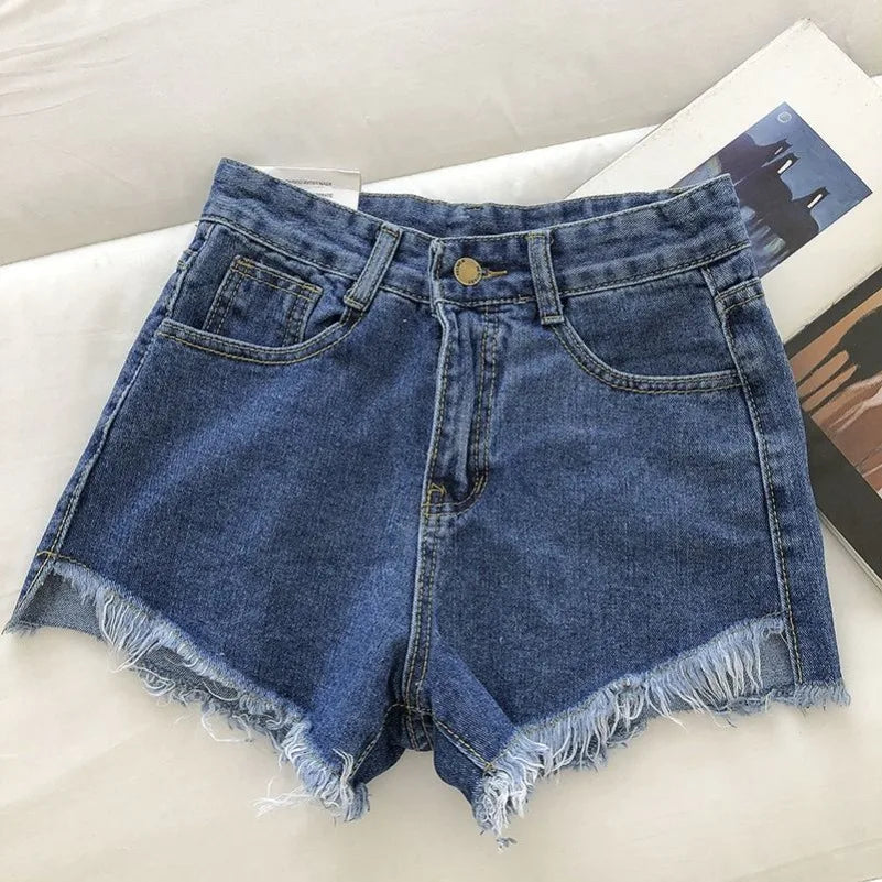 New Summer Women High Wiast Raw Hem Denim Shorts Soild White Black Blue Korean Wide Leg Pants Mon Shorts DURIKIES ATFH